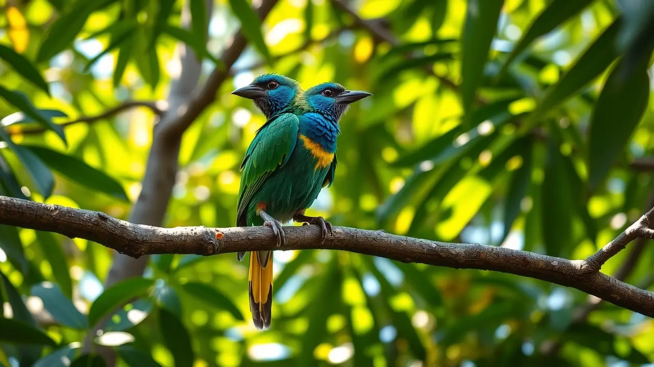 Periquito colorido em um galho de árvore