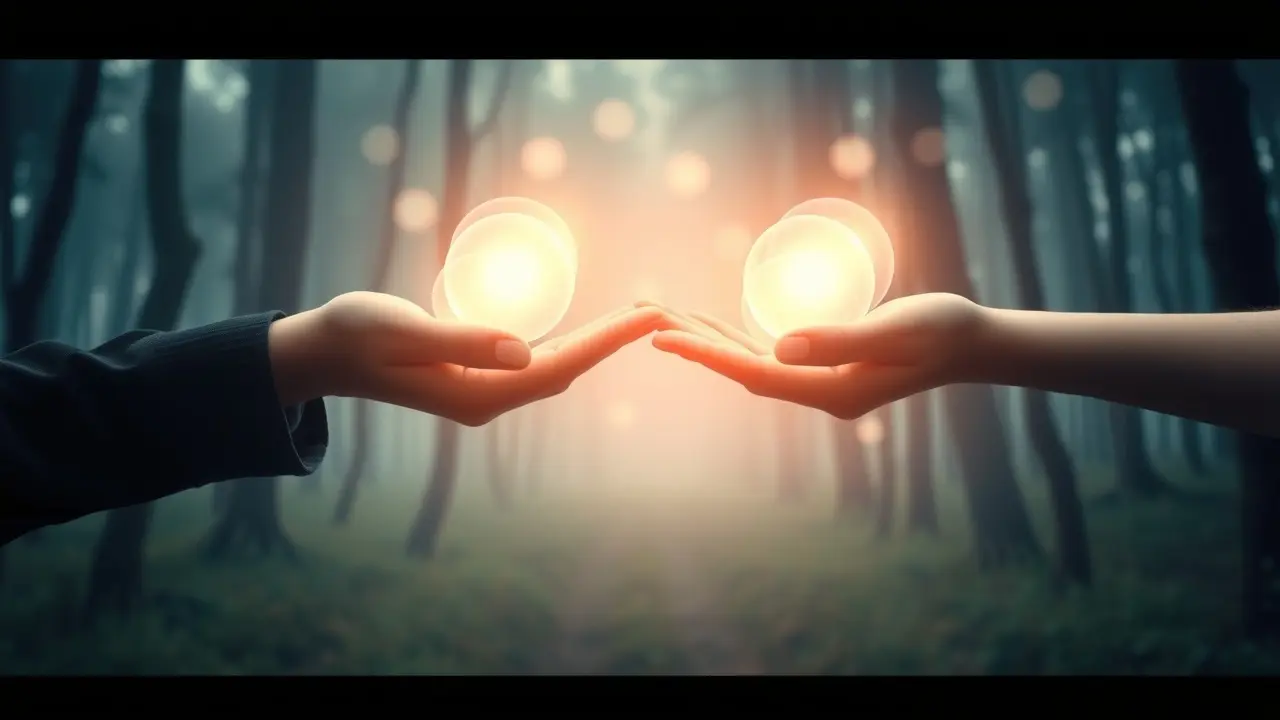 Mãos trocando orbes brilhantes, representando permuta.