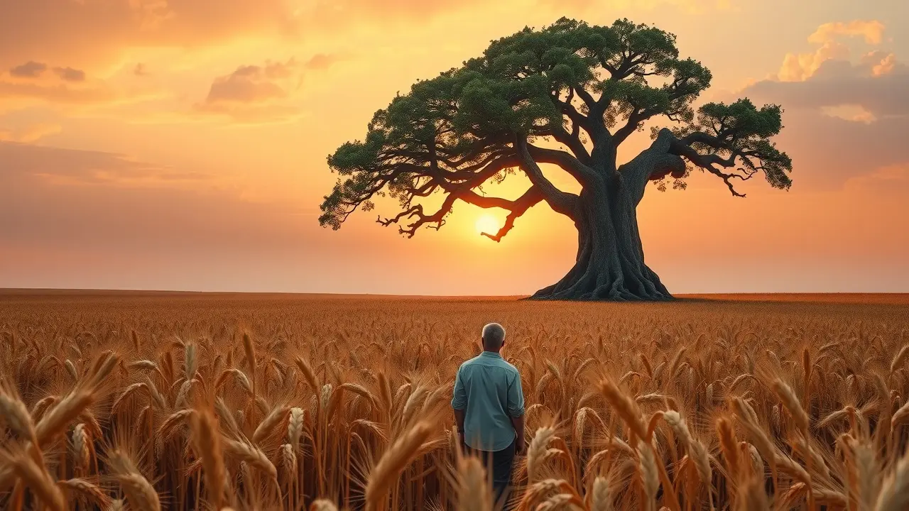 Campo de trigo dourado e árvore antiga simbolizando perpetuação