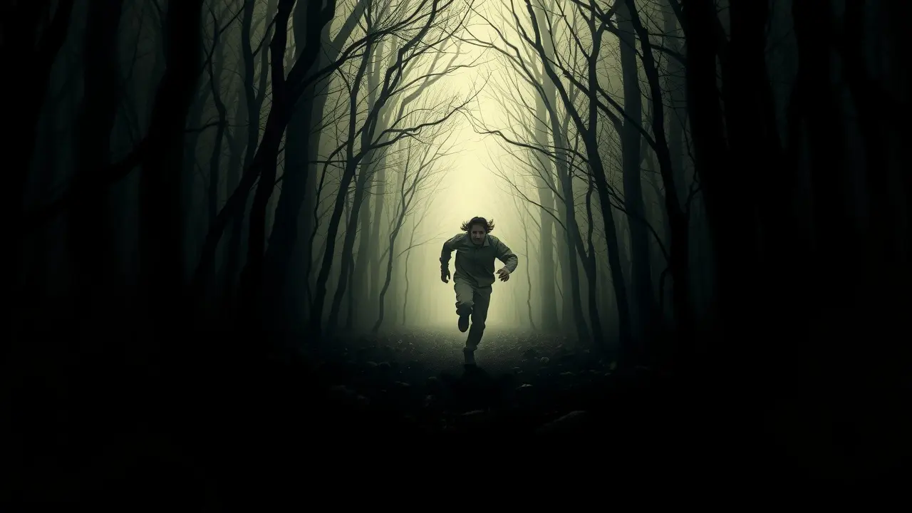 Sonhar com Perseguição: Descubra o Significado Oculto! Pessoa correndo em floresta escura, perseguida por sombras.