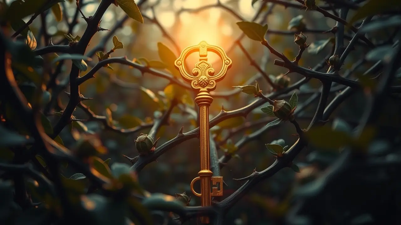 Chave dourada em meio a vinhas espinhosas representando persistência.