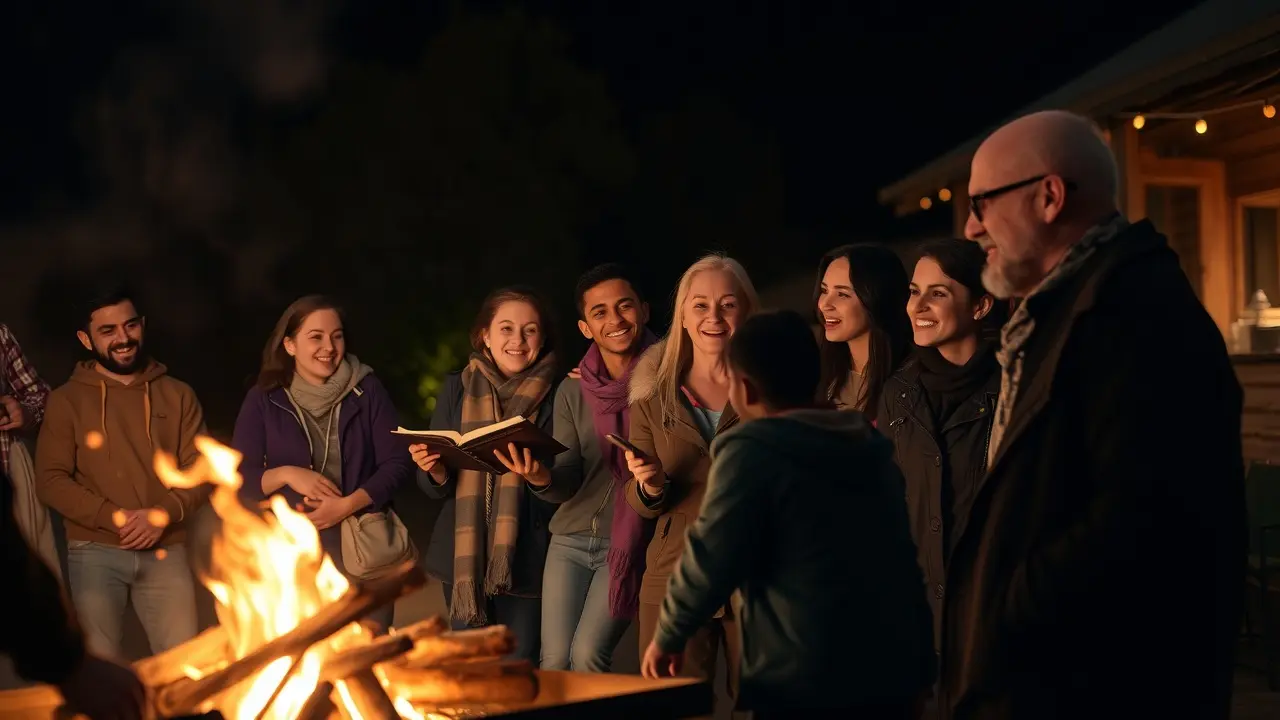 Grupo diverso unido ao redor de uma fogueira, representando o pertencimento.