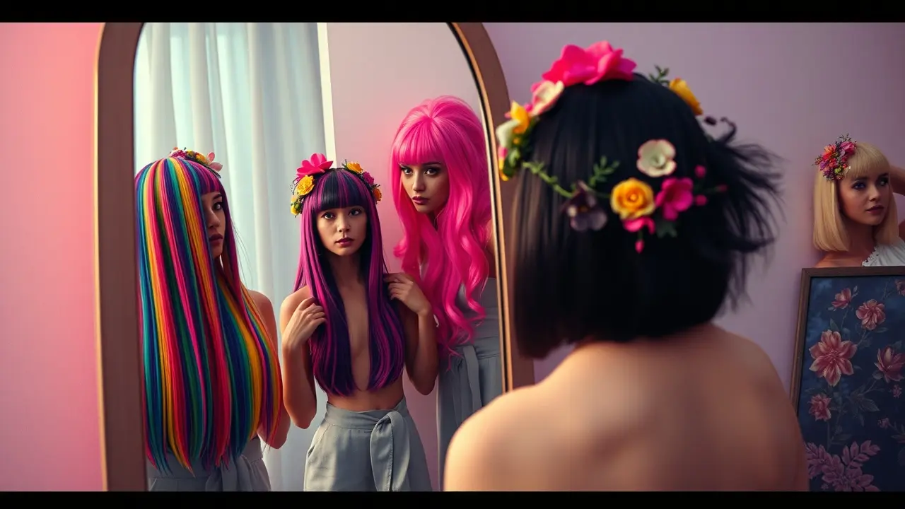 Sonhar com Peruca: Descubra os Significados Ocultos! Pessoa experimentando perucas coloridas em sonho.