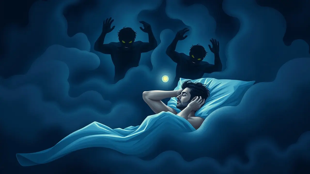 Sonhar com Pesadelo: Descubra os Significados Ocultos! Pessoa assustada tendo um pesadelo na cama.