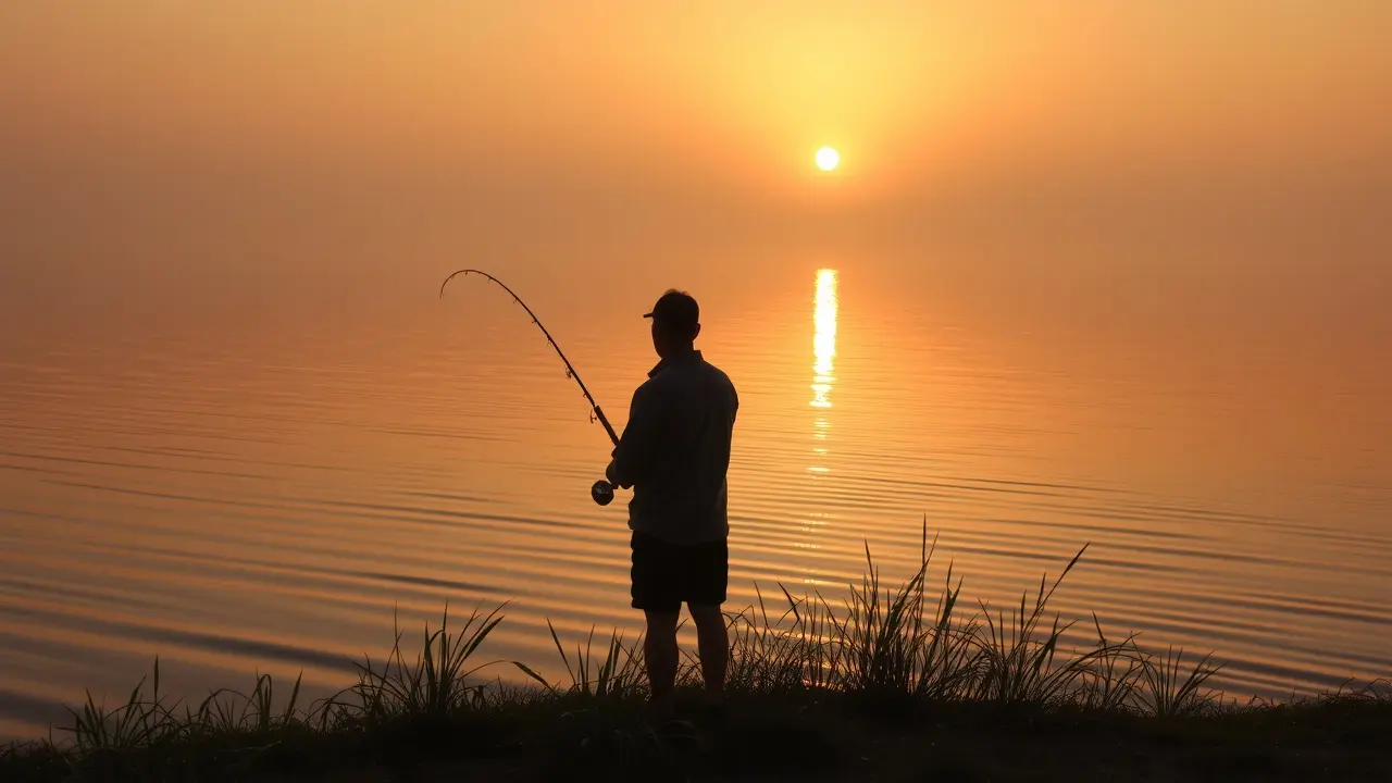 Pescador ao amanhecer refletindo sobre o significado de sonhar com pesca.