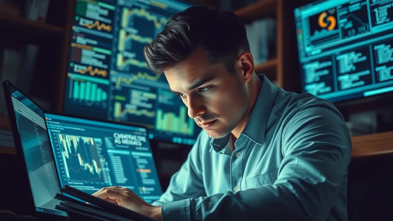 Pessoa concentrada em pesquisa, imersa em dados.