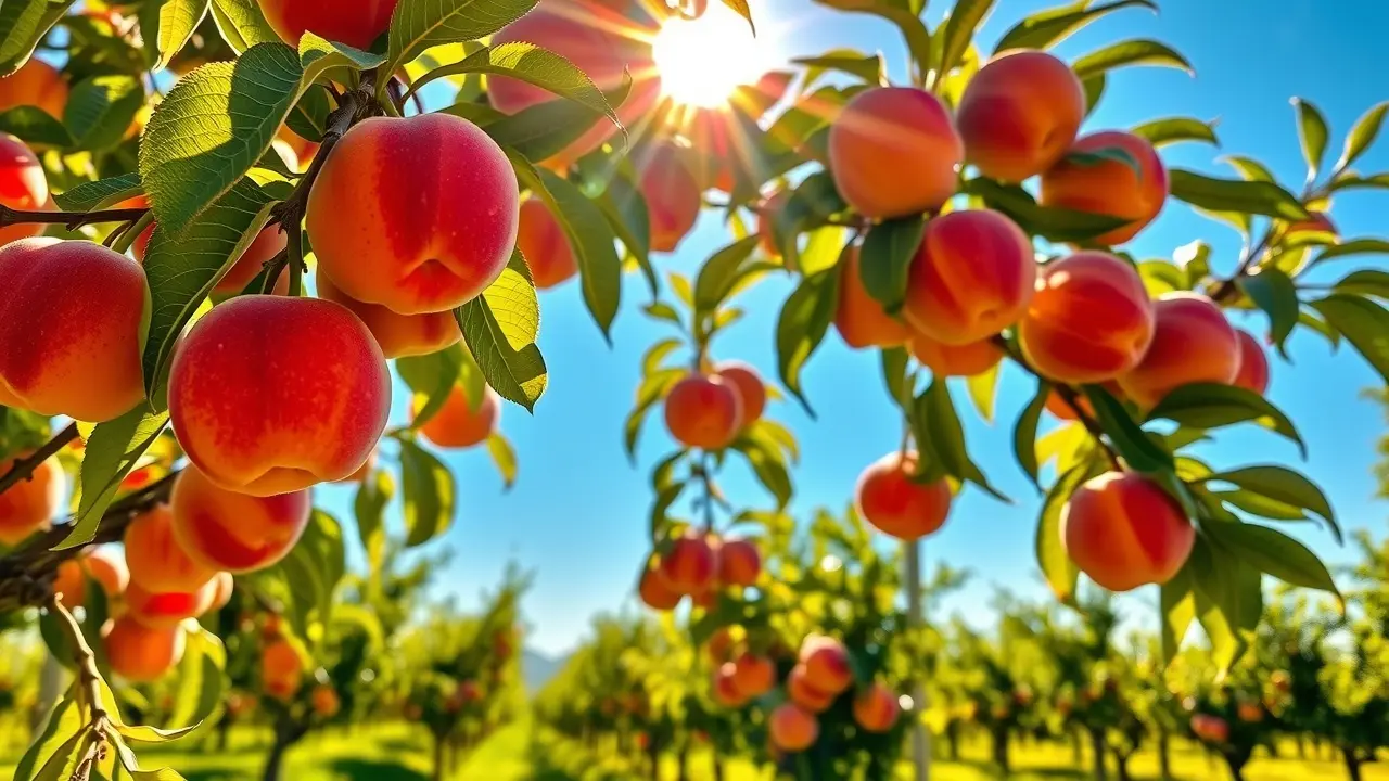 Pessegueiro carregado de pêssegos maduros