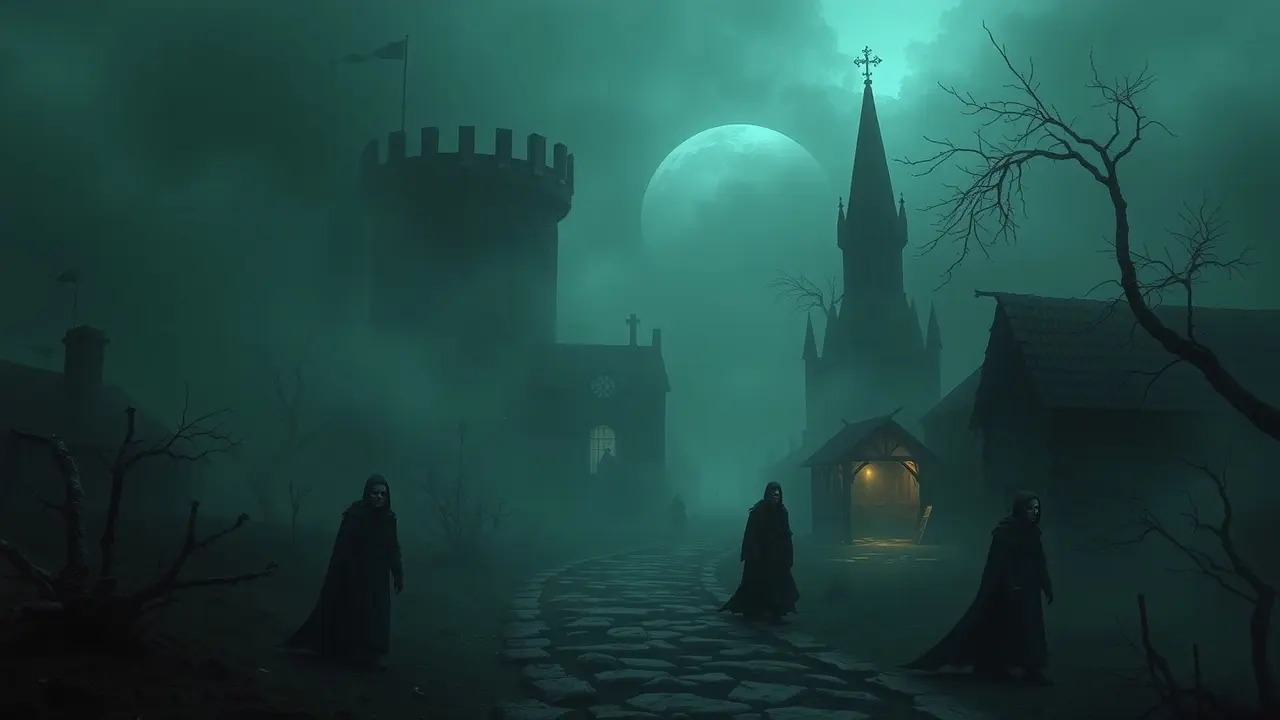 Sonho com peste: vila medieval na névoa, figuras espectrais.