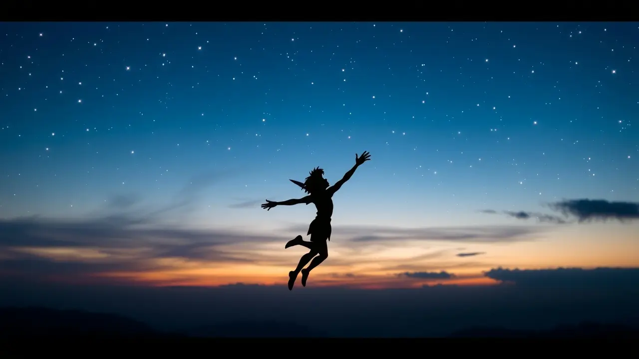 Significado de Sonhar com Peter Pan: Uma Jornada à Infância e Além Peter Pan voando no céu estrelado