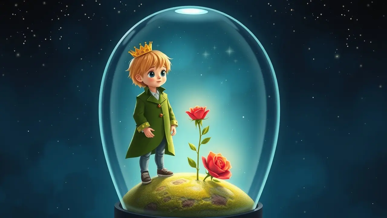 Menino loiro em um planeta com uma rosa, sonho com o Pequeno Príncipe.