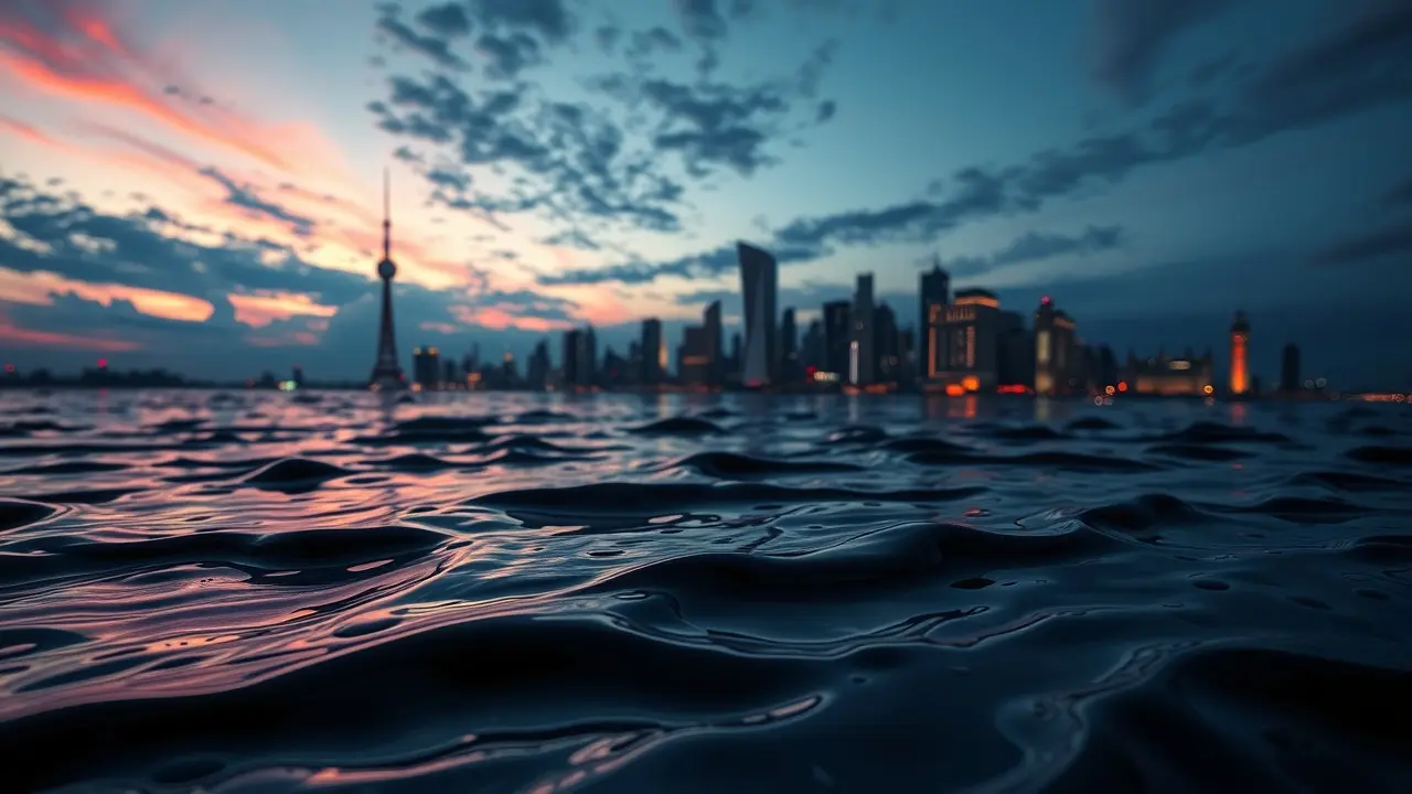 Sonho com petróleo: paisagem onírica com reflexos distorcidos.