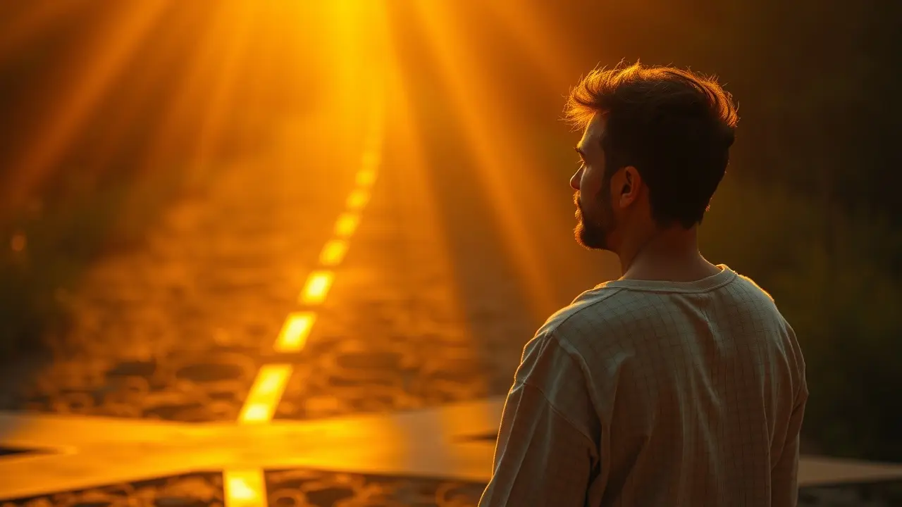 Sonhar com Phronesis: Desvende o Significado e a Sabedoria Prática Pessoa tomando decisão sábia em encruzilhada, simbolizando phronesis