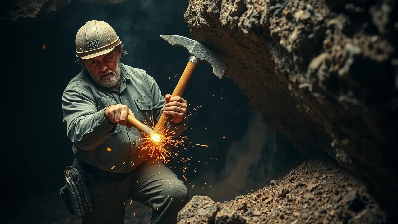 Pessoa usando picareta quebrando rocha