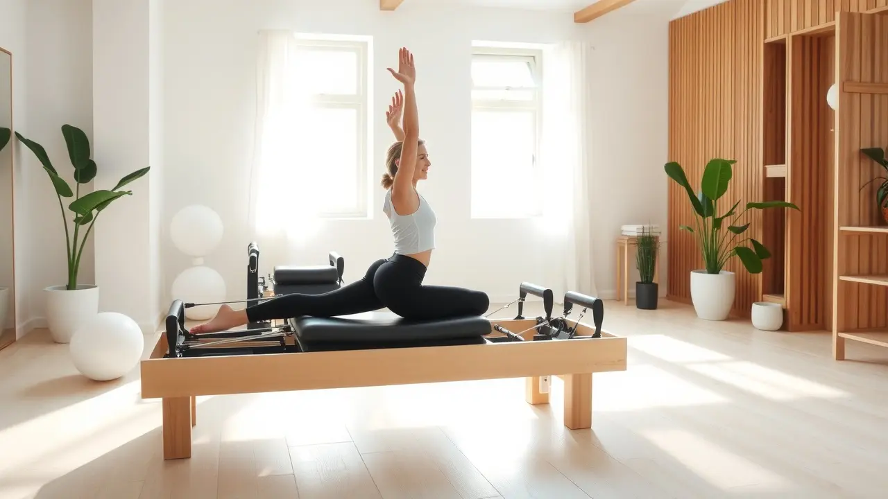 Mulher praticando Pilates em estúdio iluminado
