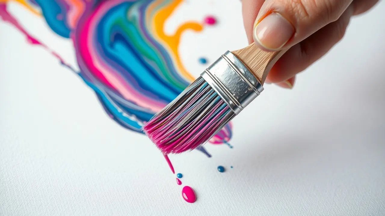 Significado de Sonhar com Pincel: Cores, Criação e Intuição Mão segurando pincel com tinta colorida sobre tela branca.