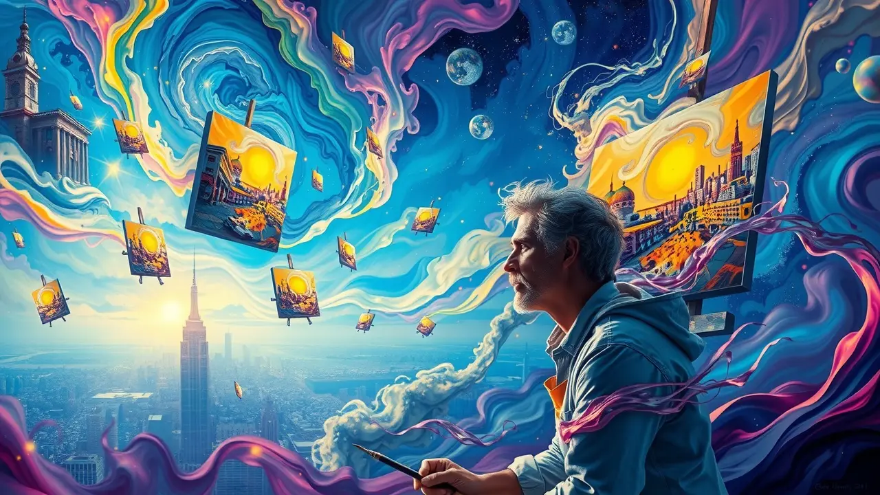 Significado de Sonhar com Pintor: Descubra as Mensagens Ocultas Pintor em paisagem onírica com cores vibrantes