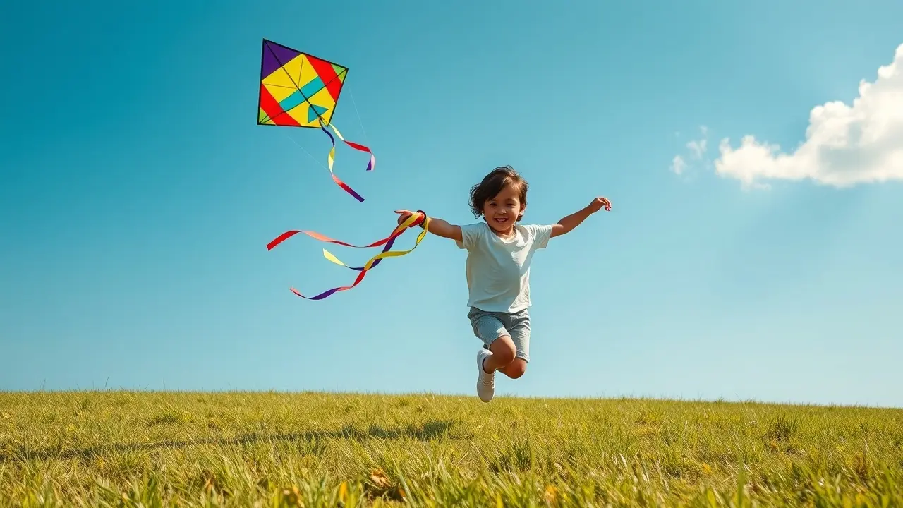 Criança empinando pipo colorido em campo ensolarado