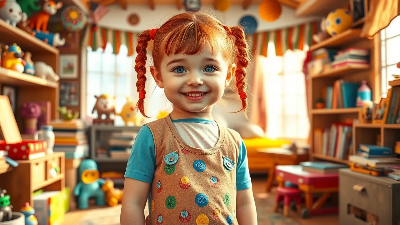 Sonhar com Pippi Meialonga: Desvende os Significados Ocultos Menina ruiva vestida de forma colorida e sorrindo