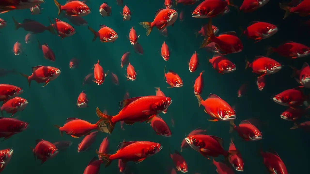 Piranhas vermelhas nadando em águas escuras