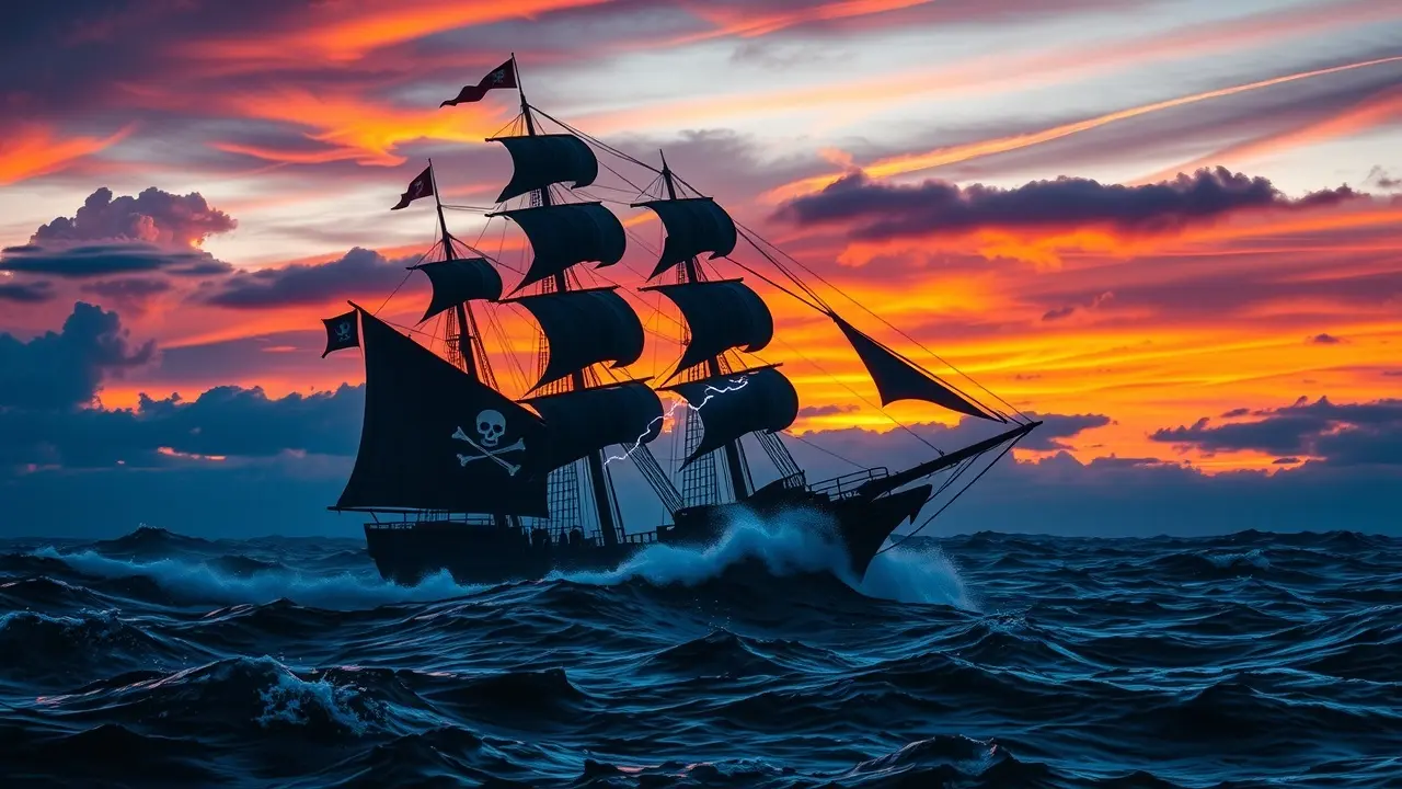 Navio pirata em mar tempestuoso, simbolizando desafios e aventura