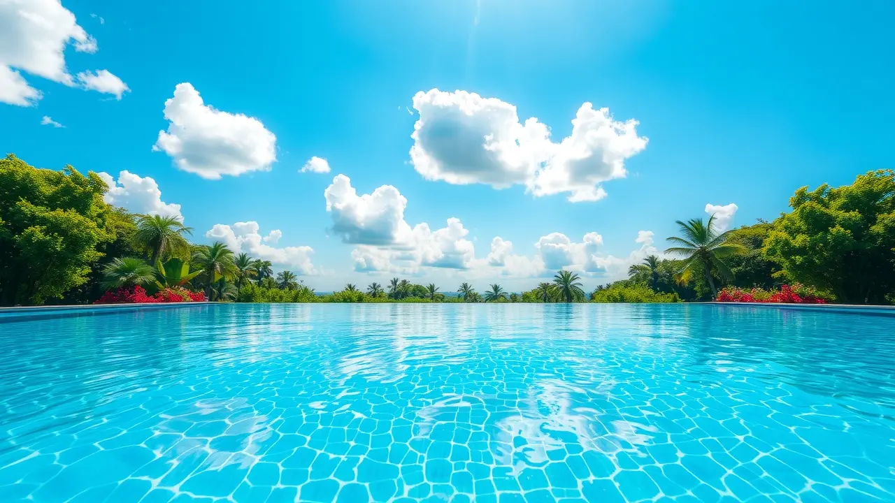 Piscina azul refletindo o céu, representando tranquilidade.