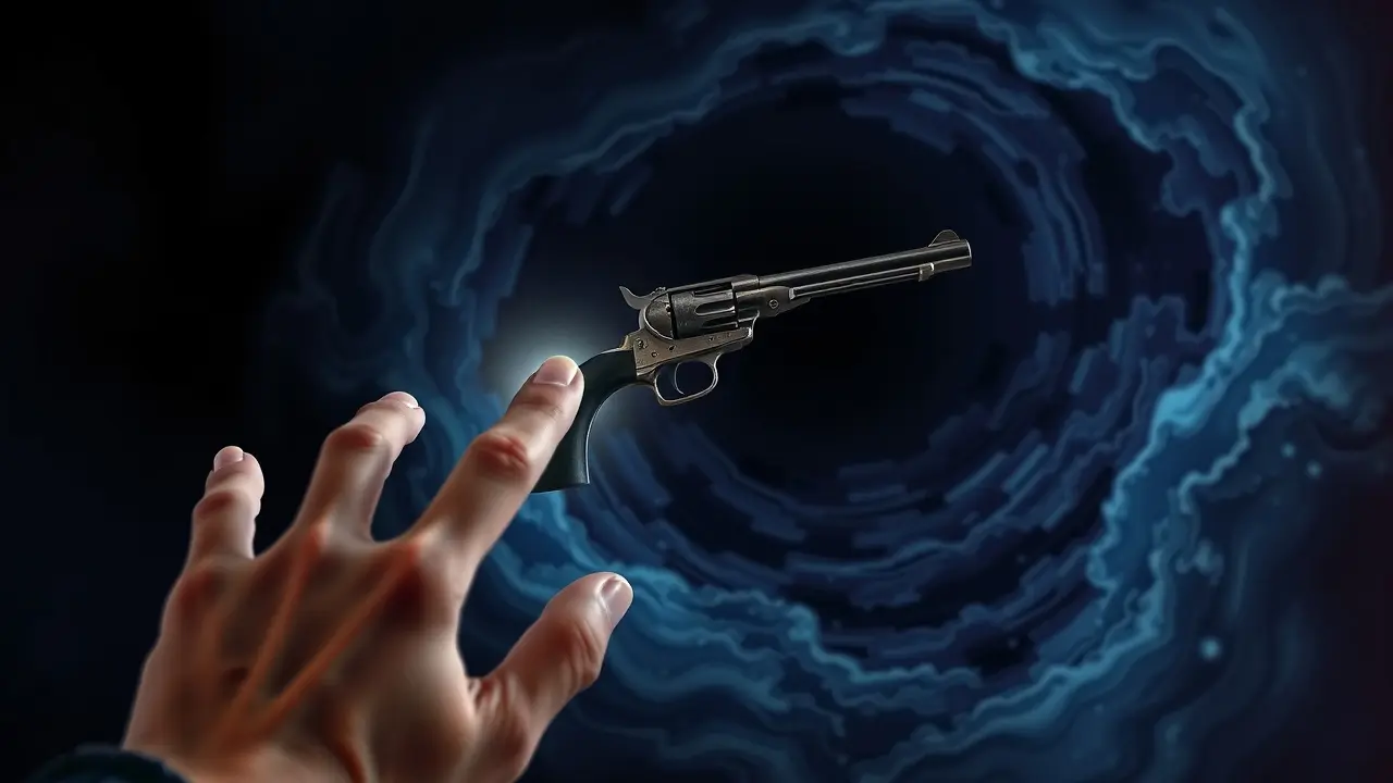 Sonhar com Pistola: Descubra o Significado e as Interpretações Mão alcançando pistola flutuante em sonho.