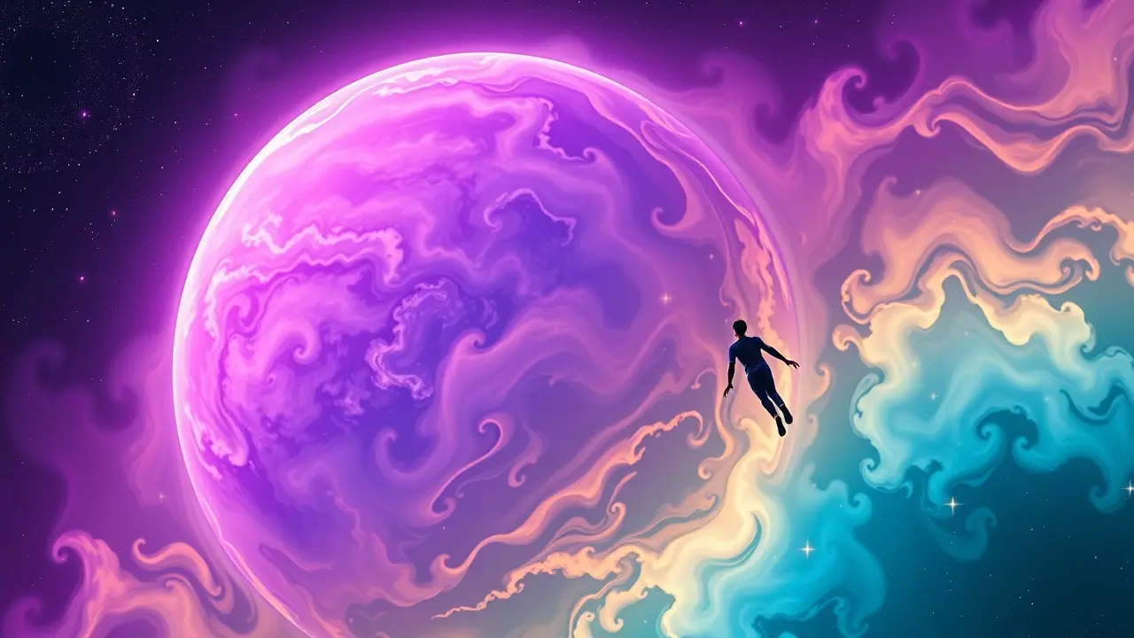 Significado de Sonhar com Planeta: Uma Jornada Cósmica Interior Pessoa flutuando no espaço olhando planeta onírico.