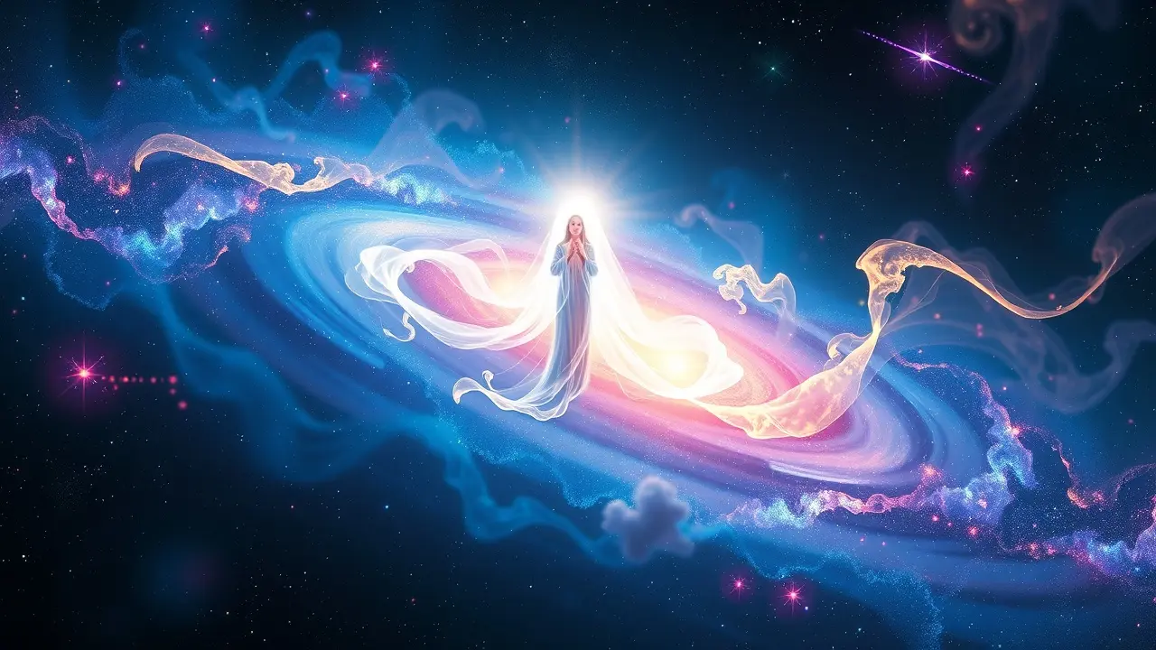 Figura etérea flutuando em galáxia onírica