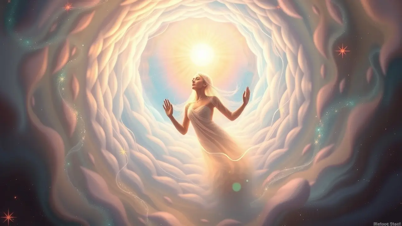 Sonhar com Plano Etérico: Desvendando os Mistérios do Subconsciente Figura etérea luminosa flutuando em um vórtice de cores pastel.