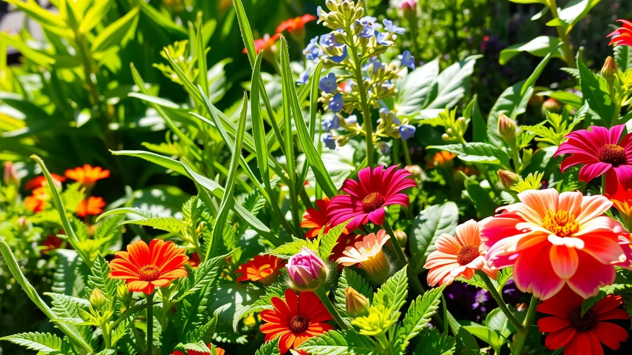 Jardim exuberante com plantas e flores diversas.