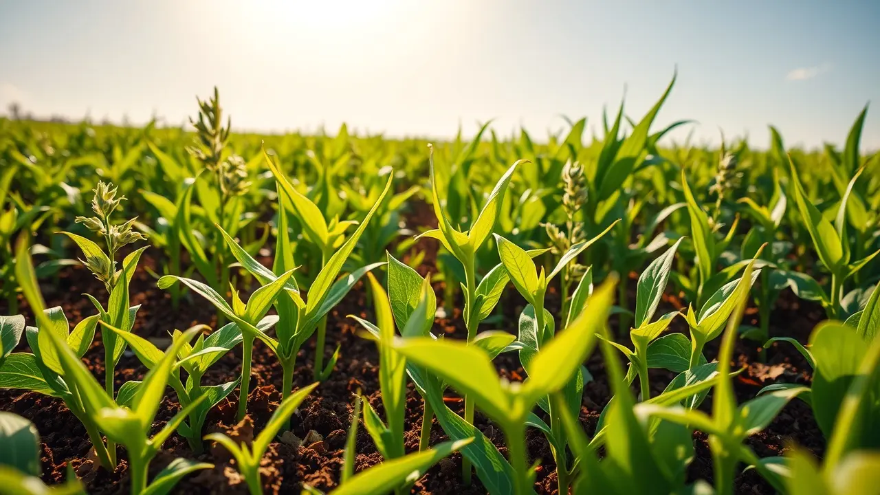 Campo verdejante com plantações diversas.