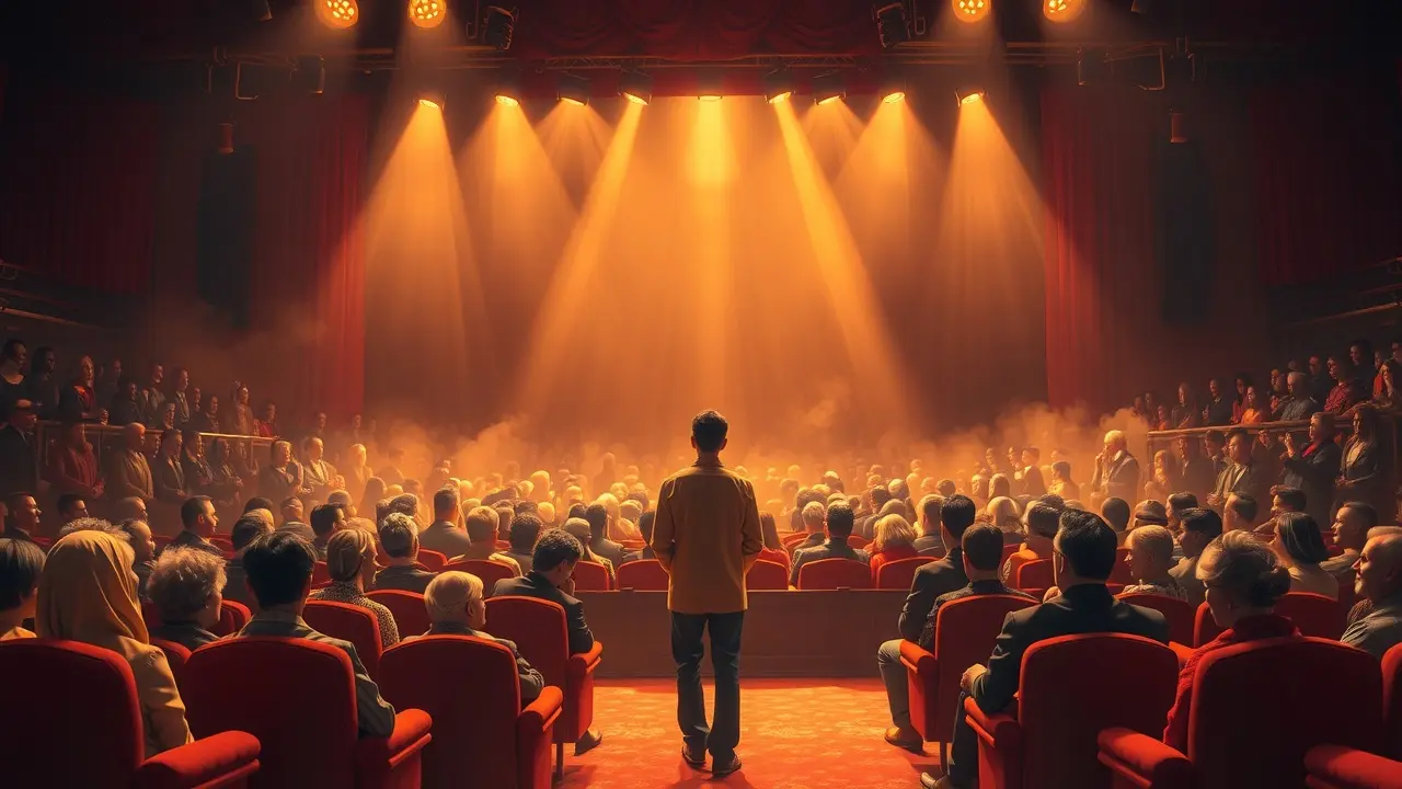 Sonho com plateia: palco iluminado e audiência diversificada.