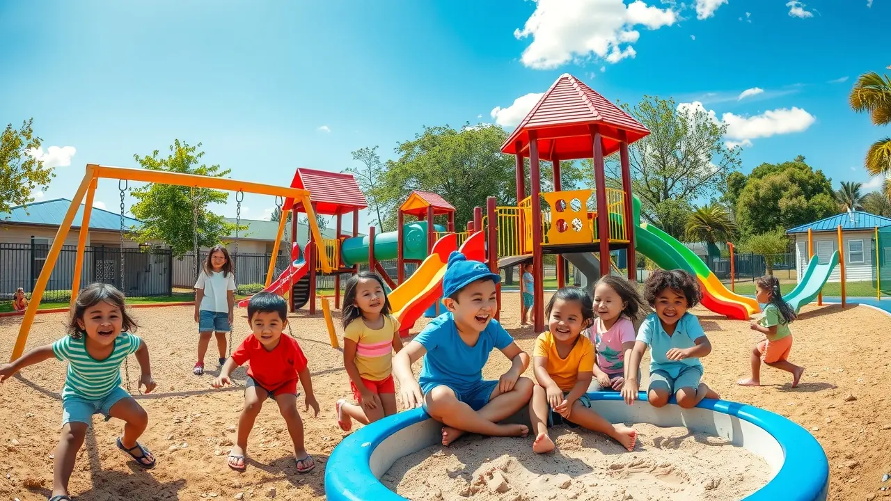 Sonhar com Playground: Descubra o Significado Oculto! Playground ensolarado cheio de crianças brincando