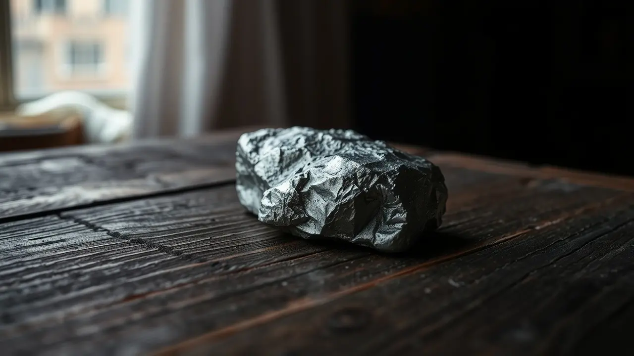 Pedaço de chumbo cinza sobre mesa de madeira.