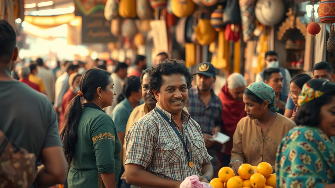 Sonhar com Pluralidade: Descubra os Significados Ocultos Pessoas de diferentes culturas em mercado vibrante, sonho de pluralidade.