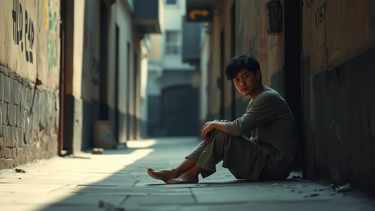 Sonhar com Pobreza: Descubra os Significados Ocultos Pessoa em vestes simples em beco escuro, expressando resiliência.