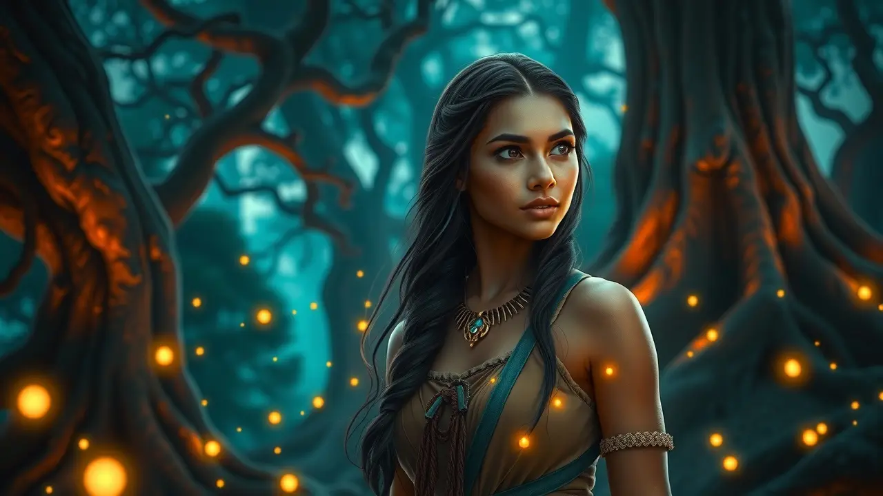 Significado de Sonhar com Pocahontas: Desvendando os Símbolos Nativos Pocahontas em floresta iluminada, sonho
