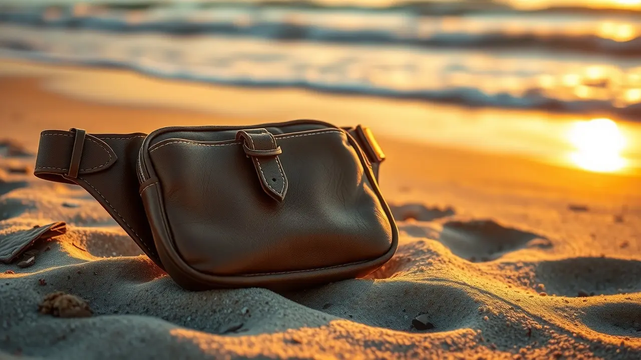 Pochete de couro na praia ao pôr do sol