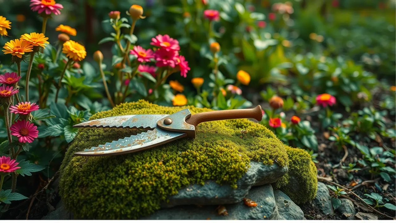 Sonhar com Podão: Descubra o Significado e as Interpretações Podão antigo em jardim exuberante.