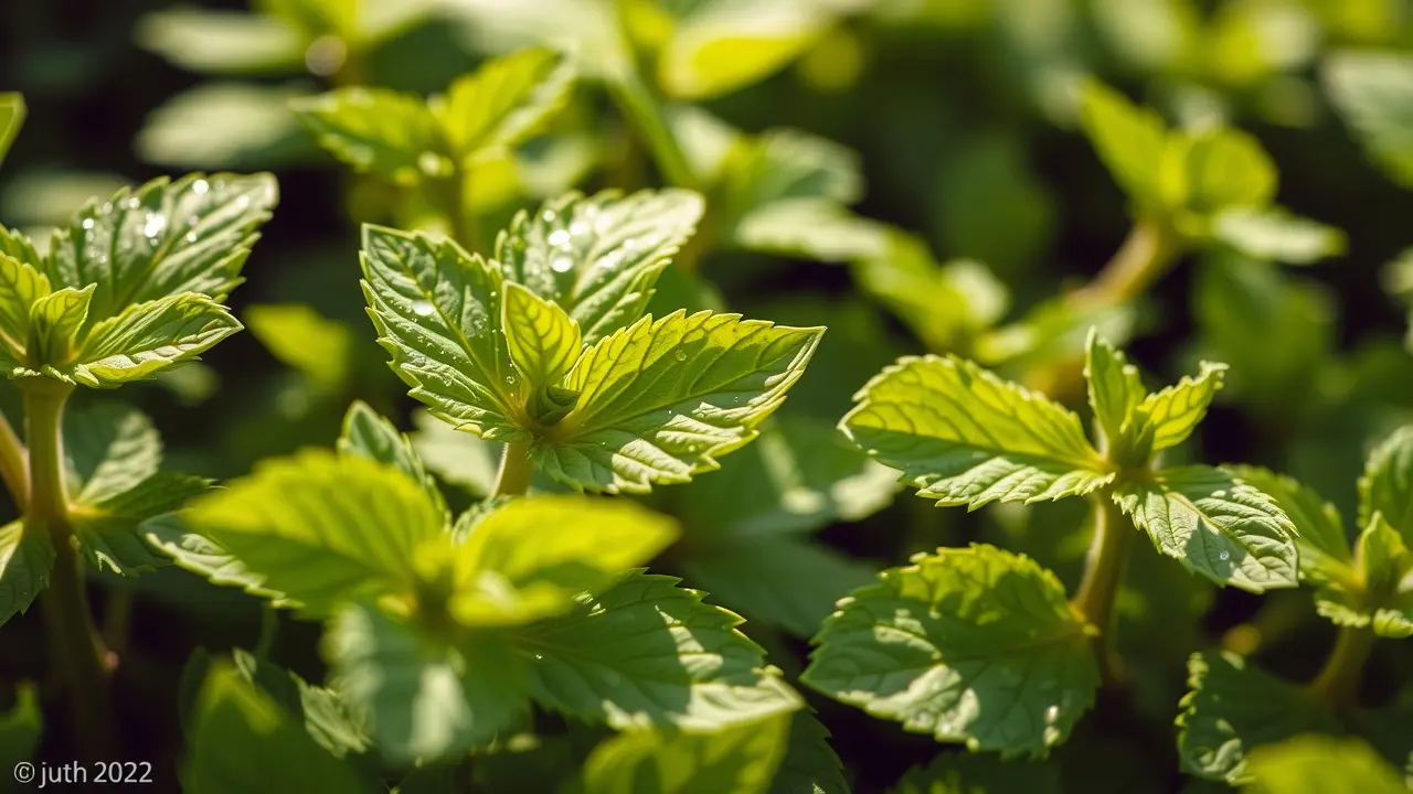 Folhas verdes e frescas de poejo.