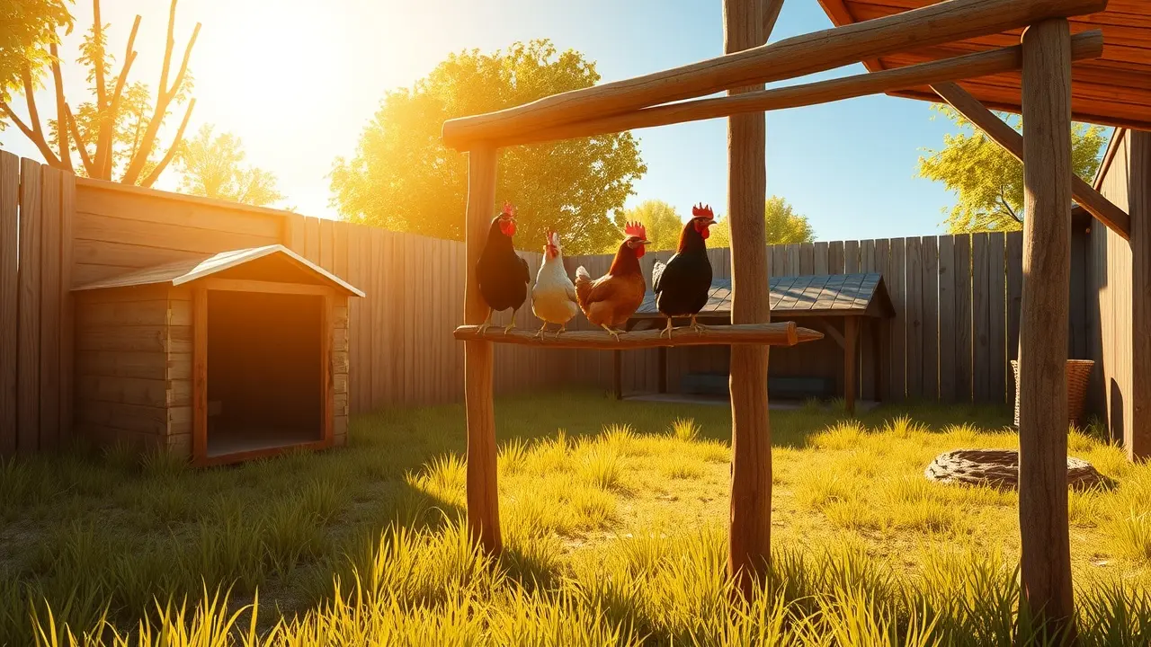 Galinhas empoleiradas em um poleiro de madeira