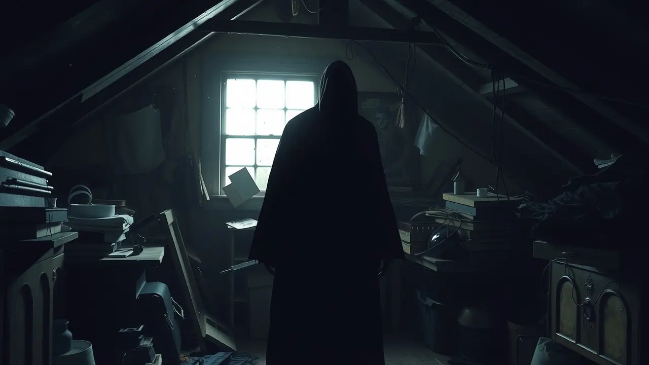 Silhueta sombria de um poltergeist em um sótão empoeirado.