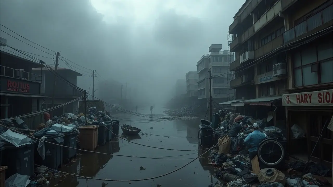 Sonhar com Poluição: Descubra os Significados Ocultos Cenário urbano poluído com rio sujo e lixo