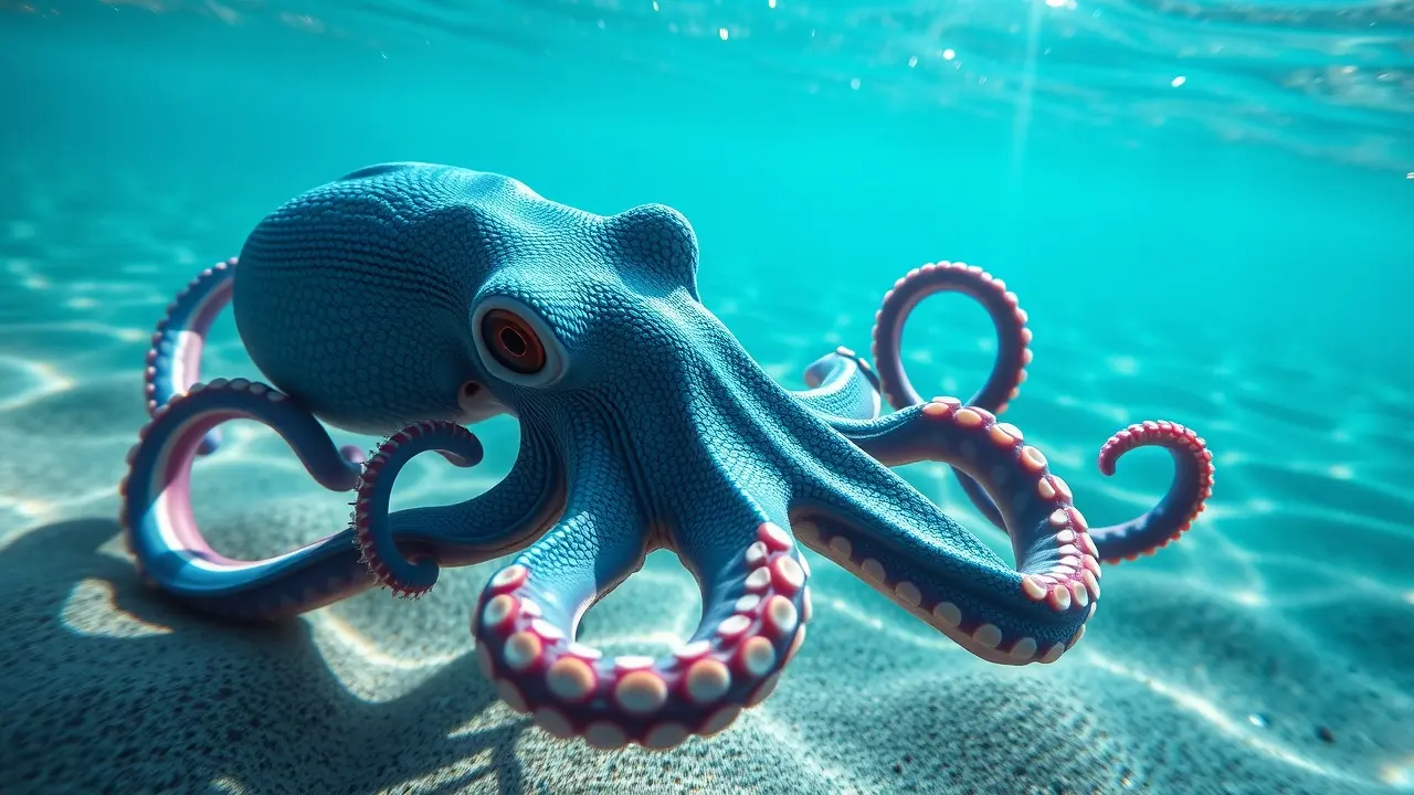 Sonhar com Polvo Azul: Descubra o Significado e as Mensagens Ocultas Polvo azul nadando em oceano cristalino