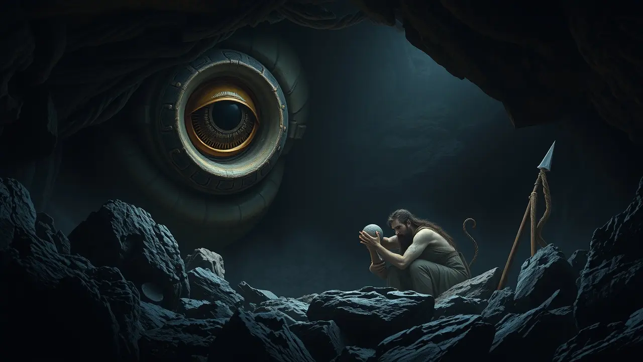 Ilustração de Polifemo em sua caverna com Ulisses e seus homens