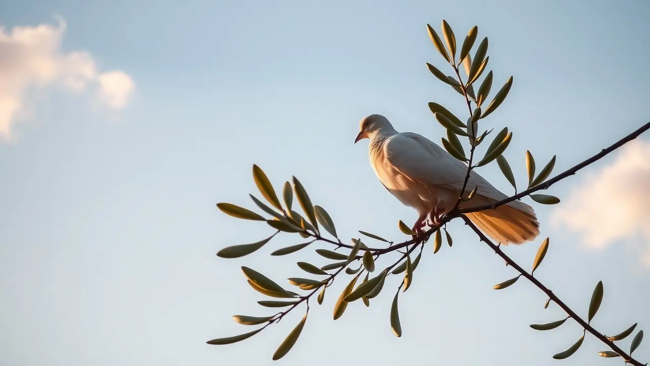 Pomba branca pousada em ramo de oliveira