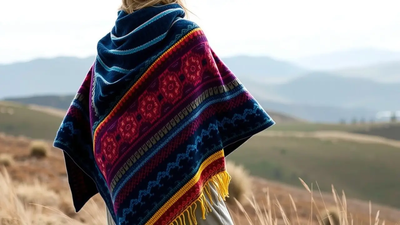 Pessoa vestindo um poncho colorido em uma colina.