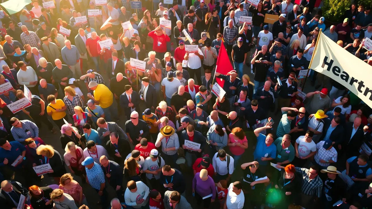Multidão diversa reunida em passeata.