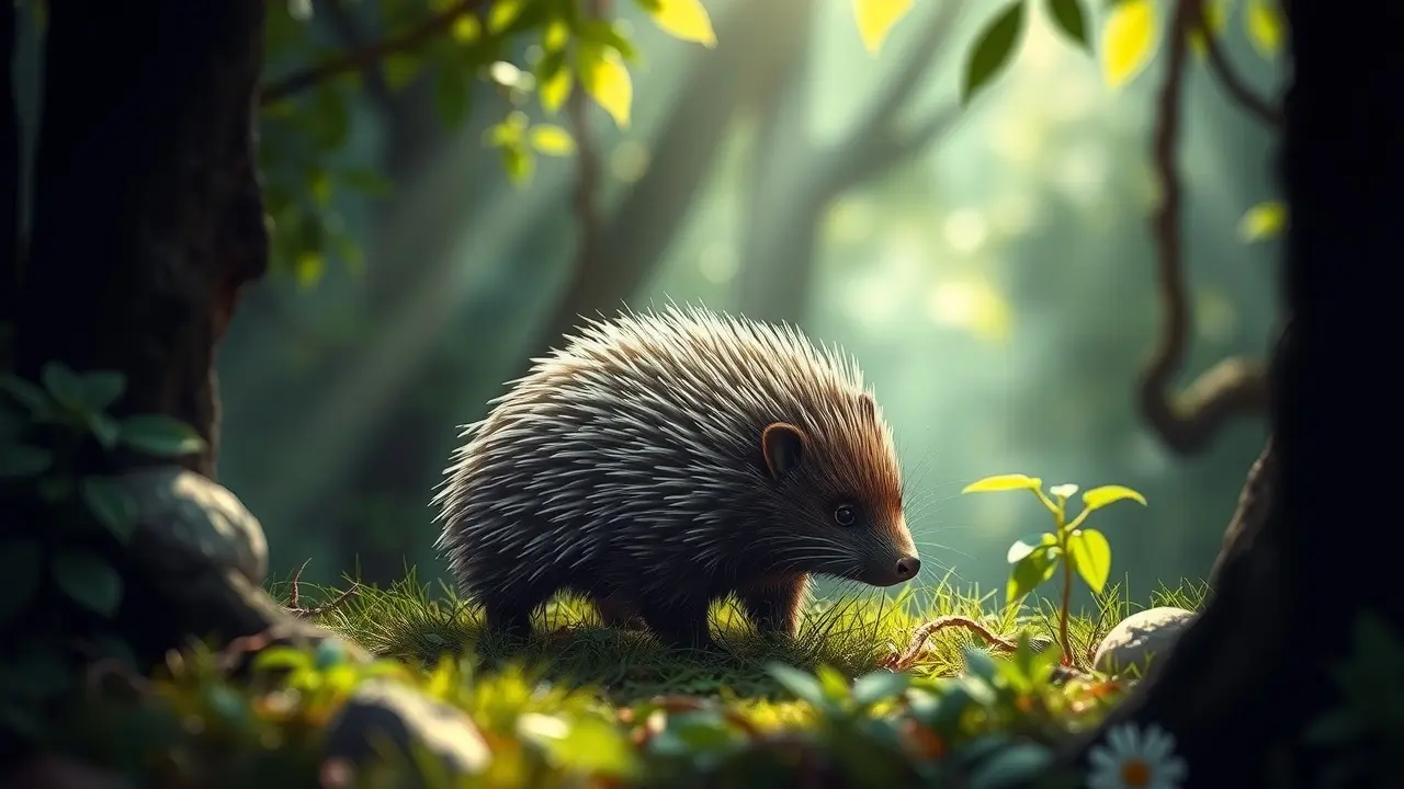 Porco espinho em ambiente florestal onírico
