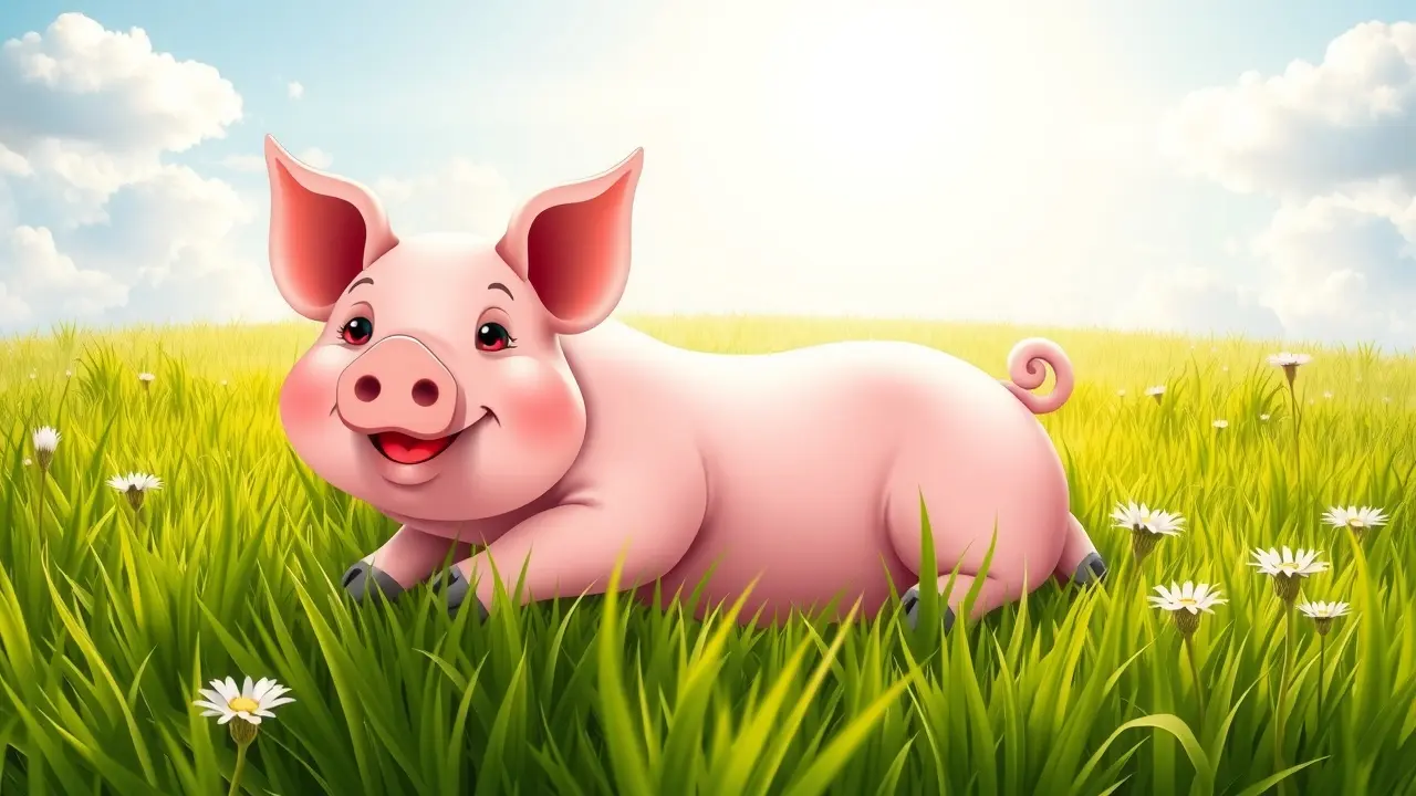 Porco rosa feliz rolando na grama verde